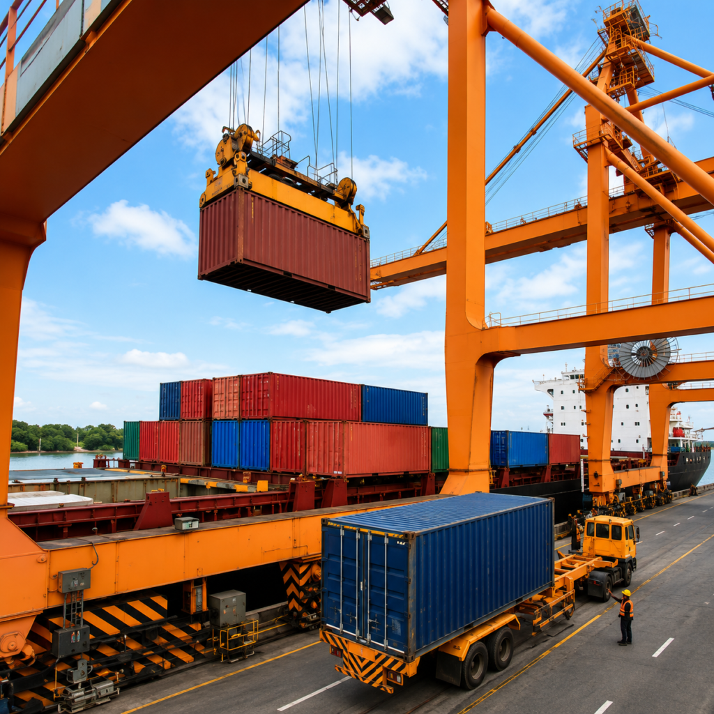 Busy port with crane and containers