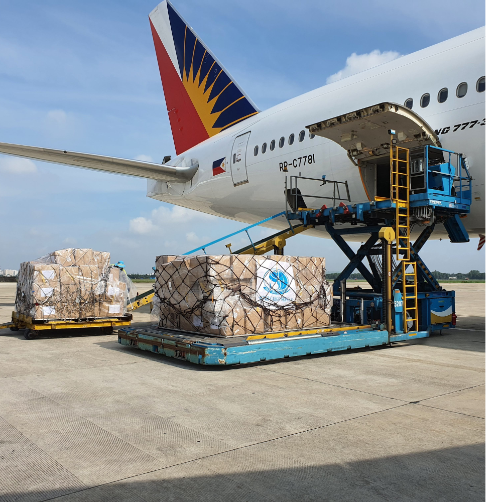 Air freight cargo being loaded onto a commercial aircraft for international shipping