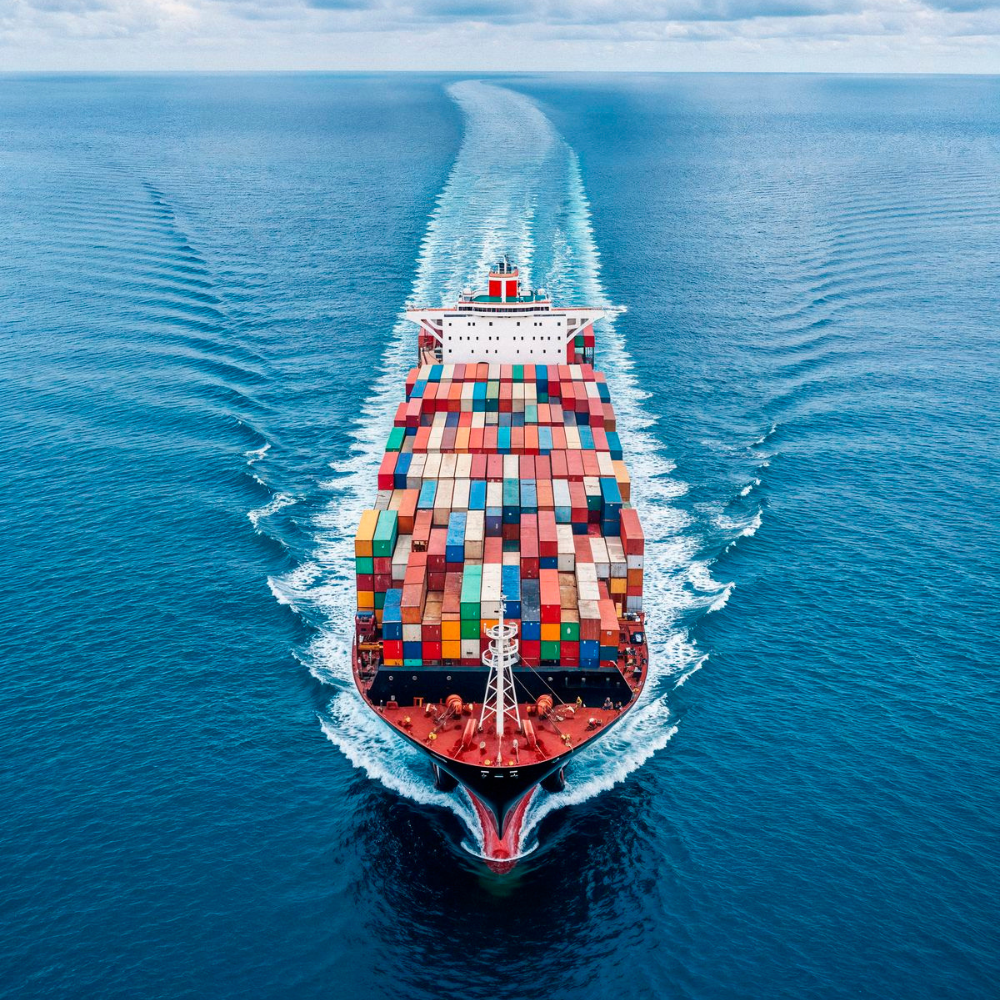 Container ship transporting cargo across the ocean for international sea freight services