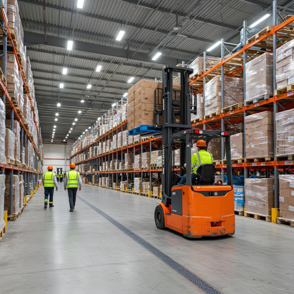 Modern warehouse with organized storage racks and forklift for secure inventory management
